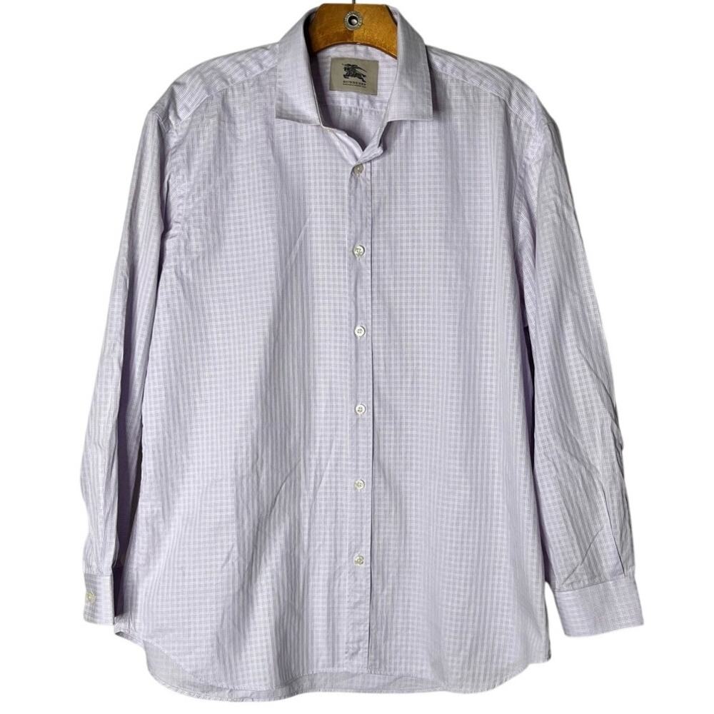 Burberry London Lilac White Grid Check Dress Shirt 17.5 44 Equestrian Knight